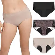 Maidenform Women's Moderate Protection Hipster Period Panties, Built-in Liner, Odor Guard, 3-Pack, Black/Sparrow Brown Leopard/Evening Blush, Medium