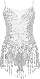 [Sinleey] Kids Girls Sleeveless Shiny Latin Salsa Dance Dres Backless Ballet Jazz Hip Hop Fringe Tassel Costume