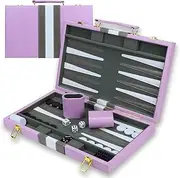 Backgammon Sets for Adults,15 Inch Backgammon Brown Sets Classic Board Game with Premium Leather Case, Portable Travels Strategy Backgammon Game Set for Adults, Kids (Purple)