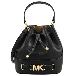 【Michael Kors】新版金屬MK LOGO皮革拼接手提水桶包兩用包(黑)