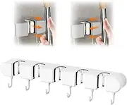 GmwyCzV Broom Holder Wall Self-Adhesive Device Holder with 5 Holders and 6 Hooks, Broom Holder Wall No Drilling Garden Tool Holder Organiser for Home, Kitchen, Garage, Garden, White