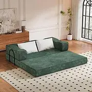 80" Folding Floor Sofa Bed Modular Futon Couch Bed with 2 Pillows 3-Seat Folding Sleeper Sofa&King Size Bed Mattress,DIY Combination Convertible Chenille Sofa Bed for Living Room Apartment (Green)