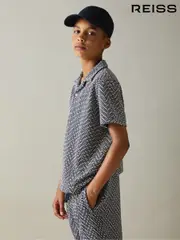 Reiss Navy Jono 9-13 yrs Zig-Zag Cuban Collar Shirt (E19924) | $60