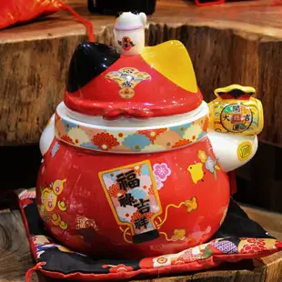 福緣貓陶瓷家用五福儲物罐紅色喜慶招財貓擺件客廳糖果罐茶幾裝飾