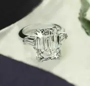 3Ct Emerald Real Moissanite Three Stone Engagement Ring 14K White Gold Plated