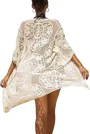 [Skrsila] Women's Kimono Cardigan Beach Summer Long Pareos Beach Dresses Lace Sexy Boho Beach Poncho 3/4 Sleeve Beachwear Bikini Cover Up, Beige, One Size