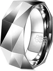 [Three Keys Jewelry] 8mm White Tungsten Wedding Ring Multi Facet Wedding Band Engagement Ring for Men Women