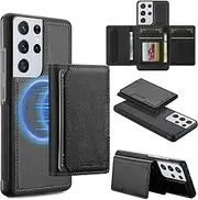 [GoshukunTech] for Samsung Galaxy S22 Ultra 5G Wallet Case with Card Holder,for Samsung S22 Ultra Magnetic Case[Detachable Card Pocket] Leather Flip Cover[Support Magsafe or Wireless Charging]-Black