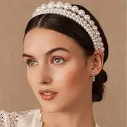 Bridal Pearl Headband 3 Pcs Vintage Large Pearl Tiara Crown Ivory Simulated Pearl Hair Hoop for Wedding Prom Party Hair for Women and Girls (Light yellow, One size)
