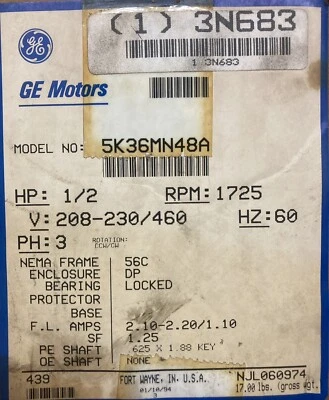 General Electric Motor-1/2 HP 3-Phase 1725 RPM
