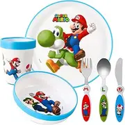 Super Mario Kids 6 Piece Reusable Dinner Set - Plate/Bowl/Cup/Knife/Fork/Spoon - Childrens Dinnerware Tableware Cutlery Set