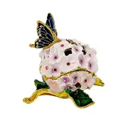 Blue Butterfly on Pink Flower Ball Trinket Box Open Lattice Jewelry Ring Storage