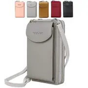 Crossbody Phone Bag for Women, Leather Ladies Cross Body Handbags Mobile Phone Pouch with Long Strap Zips Card Slots Grey