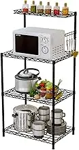 Versatile 4 Tier Bakers Rack Micro Stand Kitchen Oven Adjustable Rack with Wire Mesh Grid Shelves Multifunctional Storage Rack with 5 Side Hooks