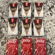 (9Pack) 6 GLICO Japan Ultra Slim Chocolate Pocky Biscuit Cookie Sticks, 3 Straw
