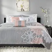 Madison Park Lola 100% Cotton Quilt Set - Casual Floral Channel Stitching Design, All Season, Lightweight Coverlet Bedspread Bedding, Shams, Decorative Pillows, King/Cal King(104"x94"), Blush 6 Piece