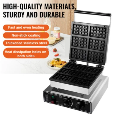 Commercial Waffle Maker 6PCS Square Shape Waffle Machine 1750W Waffle Iron Baker
