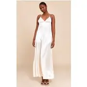 Natural Satin Lace Up Back Maxi Slip Dress, Natural.