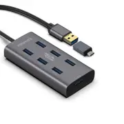 Promate Powered Aluminium Alloy USB Hub with 7x USB 3.0 Ports - Grey Plus Additional USB-C Adaptor - Up to 5 Gbps Transfer Rate - Data & Charge [EZHUB-7.GRY]