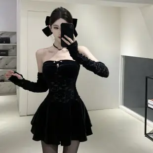 法式聚會派對性感黑色洋裝女裝緊身收腰高級設計蕾絲拼接絲絨高腰一字領A字洋裝配袖套