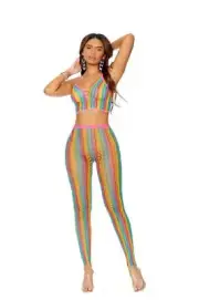 sexy ELEGANT MOMENTS rainbow feather NET cami CROP tank TOP leggings BOTTOMS set