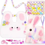NINAOR Bunny Toys for Kids with Crossbody Bags, Interactive Rabbit Toys with Sounds Jumping Wiggling Ears, Pretend Play Robot Pet Care Cute Stuff for Girls Trip Plushies Easter Basket Birthday Gifts