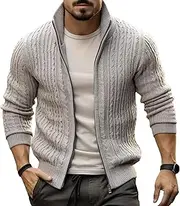 [Generic] Men's Stand Zip Twist Patterned Cardigan Male Knitted Sweater with 2 Pockets Zip Cardigan Sweater for Men