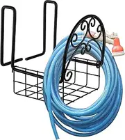 Wonderjune 2 Pack Hose Holder Wall Mount with Tool Storage Basket Garden Heavy Duty Hose Holder Hanger Fits 3/4 Inch to 1-1/4 Inch Railing for Expandable Reel Water Pocket Flexible Hook