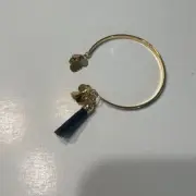 Shiraleah Gold Bangle Bracelet with Navy Blue Tassel and Coin Charms Boho Style