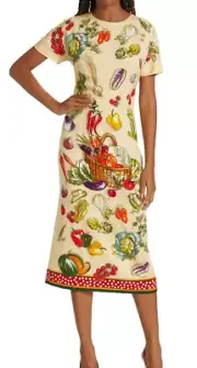 DOLCE & GABBANA Painterly Fruit & Polka-Dot Sheath Silk Midi Dress 50 IT/14 US