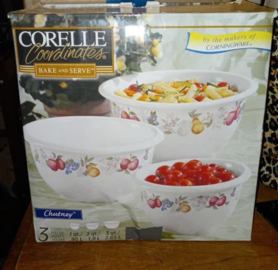 Set 3 Vintage Corelle Coordinates Chutney Stoneware Nesting Mixing Bowls Apples