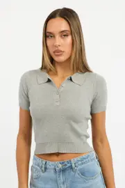 Grey Knit Top Short Sleeve Polo Collar - Size 14L, Women's Basic Knit