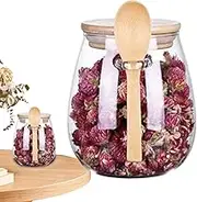 Wooden Lid Clear Glass Canister | Glass Jar with Lid And Spoon,Condiment | Glass Door Hinges Door Hinge | Salt, Kitchenware, Sugar Container for Coffee Beans, Tea, Nuts, Kitchen Counters