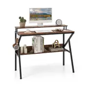 Costway Computer Desk Metal Frame Gaming Desk w/Monitor Stand Study Table Home Office Desk Workstation Brown