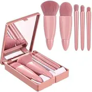 Mini Travel Makeup Brushes with Mirror, 5Pcs Travel Makeup Brushes Set with Mirror, Mini Make Up Brushes with Mirror, Small Makeup Brush with Mirror,Mini Complete Function Cosmetic Brushes With Mirror