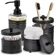 Autumn Alley Modern Farmhouse Glass and Black Bathroom Accessories Set (4 PCS) - Lotion Soap Dispenser, Toothbrush Holder, 2 Apothecary Jars (Qtip Holder) - Rustic Farmhouse Bathroom Decor