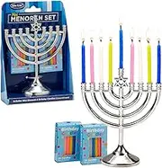 Mini Menorah Set with 48 Multicolor Birthday Candles - Portable Chanukah Candle Holder Diecast Aluminum Menorah Hanukkah Gifts Jewish Party Favors Living Room Holiday Decor Centerpiece 5" H