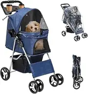 Folding Pet Stroller Cat Dog Cage 4 Wheels Stroller Travel Carrier(Gray)