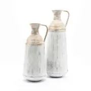 LuxenHome Pitcher Vase Set Distressed Off White Metal Brown Farmhouse (2-Piece)