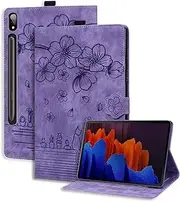 [Dteck] Samsung Galaxy Tab S9 FE 10.9"/S9 S8 S7 11 Inch Case With S Pen Holder, Premium PU Leather Embossed Flower Folio Stand With Auto Wake/Sleep Soft TPU Back Cover, Purple
