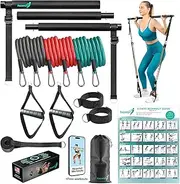 Pilates Bar Kit with Resistance Bands - 6 Exercise Resistance Bands (15, 30, 50 lbs) - Home Workout Equipment for Women and Men - Pilates Stretch Fusion Bar for Effective Home Workouts