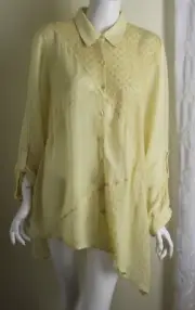 NWT Chico's Sz 2 L Pale Yellow Rayon Boho Funky Gypsy Patchwork Tunic Blouse Top