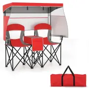 CostwayDouble Beach Chair with Adjustable Canopy and Cup Holders-Red