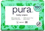 Pura Disposable Baby WC Wipes, 1080 Wipes (18 x 60 Wipes), 100% Plastic Free Wet Wipes, 99% Water, Sensitive Skin, Biodegradable, Organic Cotton