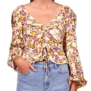 Sanctuary Floral print Women XL Top Tie-front Drawstring Cropped BOHO 1196