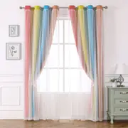 2 Panels Curtains for Kids Girls Bedroom Aesthetic Living Room Decor Colorful Double Layer, Star Cut Out Stripe Rainbow Window ,Orange/Blue