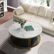 Savonnerie Round Coffee Table, Gold Coffee Tables with Marble Print Top, 2-Tier, 36-Inch