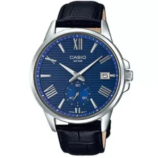 【CASIO】條紋時尚單眼羅馬紳士真皮腕錶-藍面(MTP-EX100L-2A)