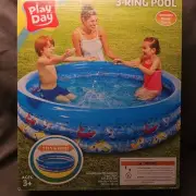 Play Day 3-Ring Inflatable Blue Shark Kids Toddler Swimming Pool Outdoor Swim