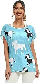 [RPLIFE] White Black Horses Light Sky Blue Woman Blouses Tops Loose Top Women, S-XXL Flowy Tops